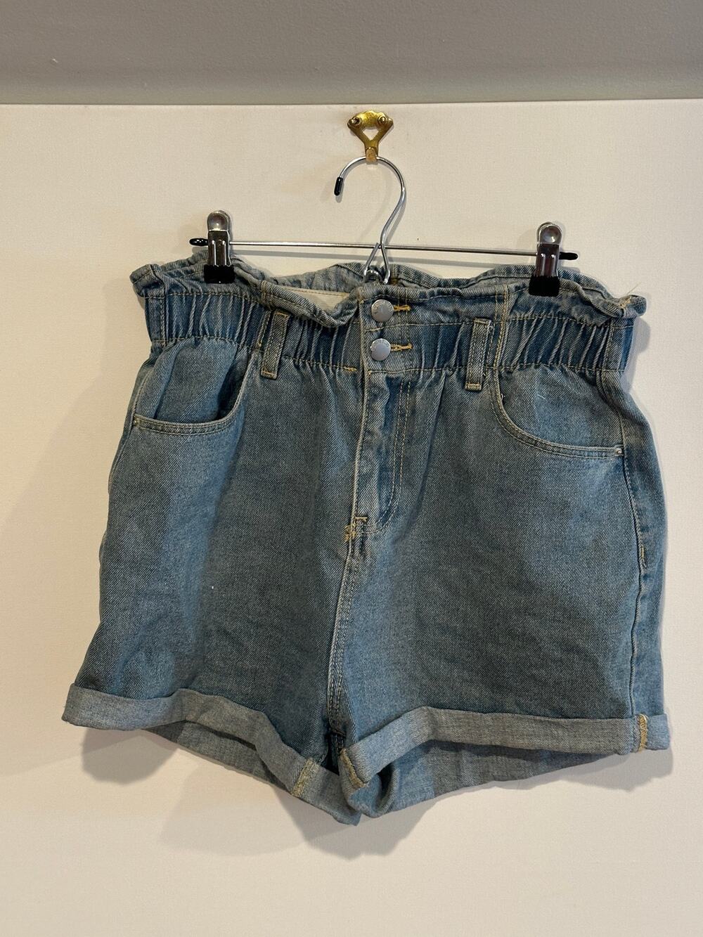 Denim Blvd Womens High Rise Paperbag Denim Shorts Large Light Wash Cuffed Mom